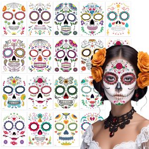 TATUWST 18 Pack Day of the Dead Face Tattoos Sugar Skull Catrina Makeup Kit