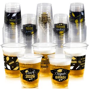 GuassLee Black and Gold Graduation Decorations 2026 Party Cups - 50pcs 12 Oz Black Gold Disposable Graduation Plastic Cups for Drinks Class of 2026 Grad Party Supplies