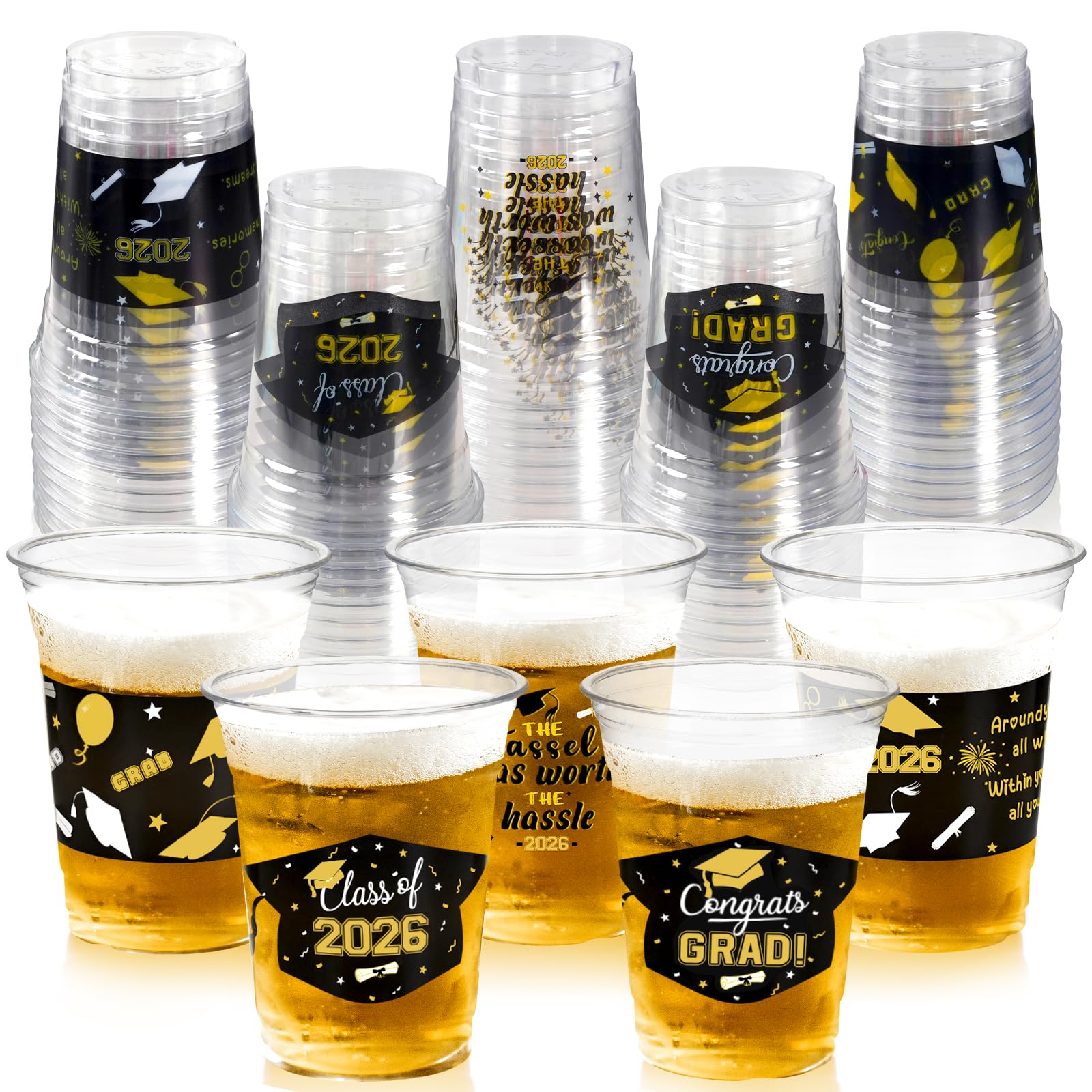 GuassLee Black and Gold Graduation Decorations 2026 Party Cups - 50pcs 12 Oz Black Gold Disposable Graduation Plastic Cups for Drinks Class of 2026 Grad Party Supplies