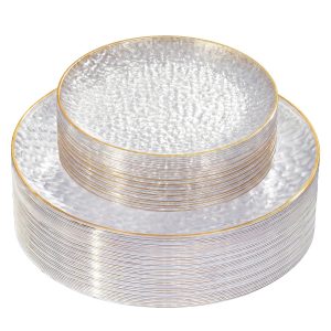 Rubtlamp 60Pcs Clear Plastic Plates,Clear Disposable Plates With Gold Rim,Heavy-duty Gold Plates,Hammered Party Plates Include 30Clear Dessert-Platos,30Dinner-Platos for Wedding, Party