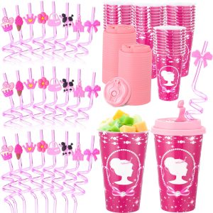 Yungyan 36 Sets Pink Princess Party Favors Goodie Cups with Lids and Straws for Birthday Decorations Reusable 16oz Hot Pink Plastic Candy Cups Plastic Straws for Birthday Party