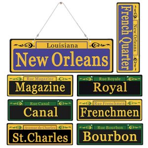 Mardi Gras Decorations 8 Set, Duplex Printed New Orleans Street Signs with 8x Metal Chains, PVC Made Mardi Gras Ornaments for Room Decor, Carnival Party Table Ornaments Tree Decoration, 4 x 12 Inch