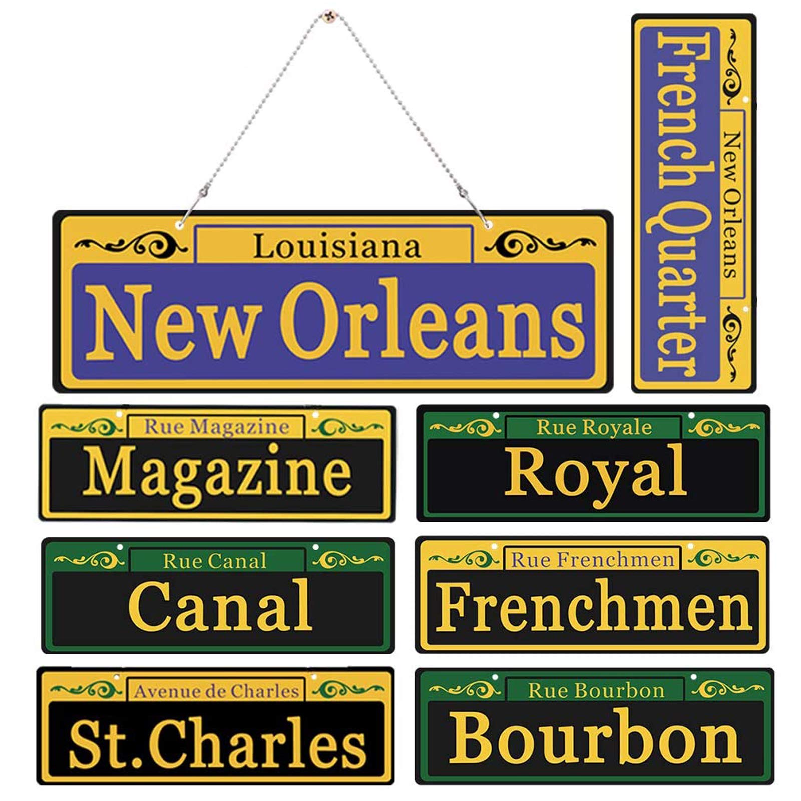 Mardi Gras Decorations 8 Set, Duplex Printed New Orleans Street Signs with 8x Metal Chains, PVC Made Mardi Gras Ornaments for Room Decor, Carnival Party Table Ornaments Tree Decoration, 4 x 12 Inch