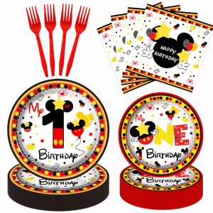 XXDecor 80 Pcs Red Cartoon 1st Birthday Party Plates - Boys One Birthday Dessert Plates Napkins Forks Tableware Kit for Boys 1st Bday Party Decorations Supplies (20 Guests)