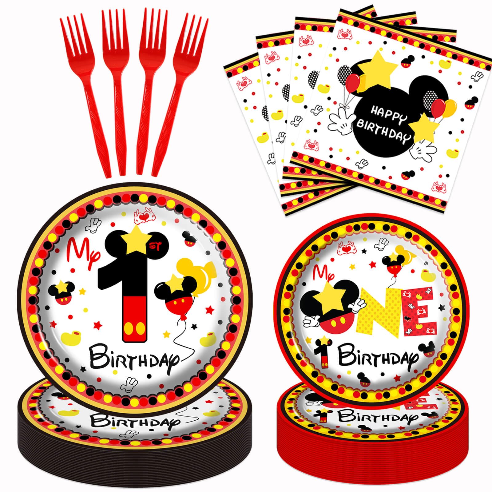 XXDecor 80 Pcs Red Cartoon 1st Birthday Party Plates - Boys One Birthday Dessert Plates Napkins Forks Tableware Kit for Boys 1st Bday Party Decorations Supplies (20 Guests)