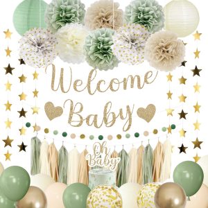 Amandir Sage Green Baby Shower Decorations Welcome Baby Banner