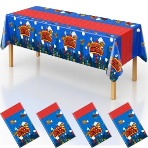 byojia 4Pcs 2in1 Superhero Birthday Party Tablecloths Decorations, 54" x 108" Hero Blue Red Cityscape Super Boom Table Cloth Disposable Rectangle Plastic Table Cover for Boys Birthday Party Supplies
