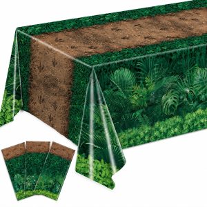 Oigco Forest Path Tablecloth, Dinosaur Birthday Decorations, Dinosaur Disposable Plastic Table Cover for Woodland Picnic Camping Birthday, 54 x 108 Inches