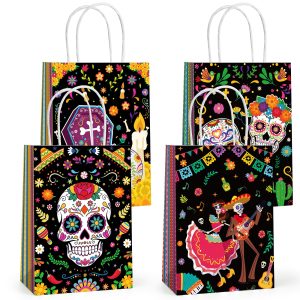 12 Pcs Day of the Dead Gift Bags with Handles for Mexican Party Supplies