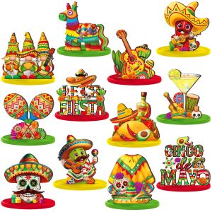 Wesiti 12 Pcs Cinco De Mayo Table Decorations Mexican Fiesta Party Decorations Wooden Cinco De Mayo Centerpiece Signs Taco Maracas Guitar Sombreros Table Topper Tiered Tray Decor for Home Office