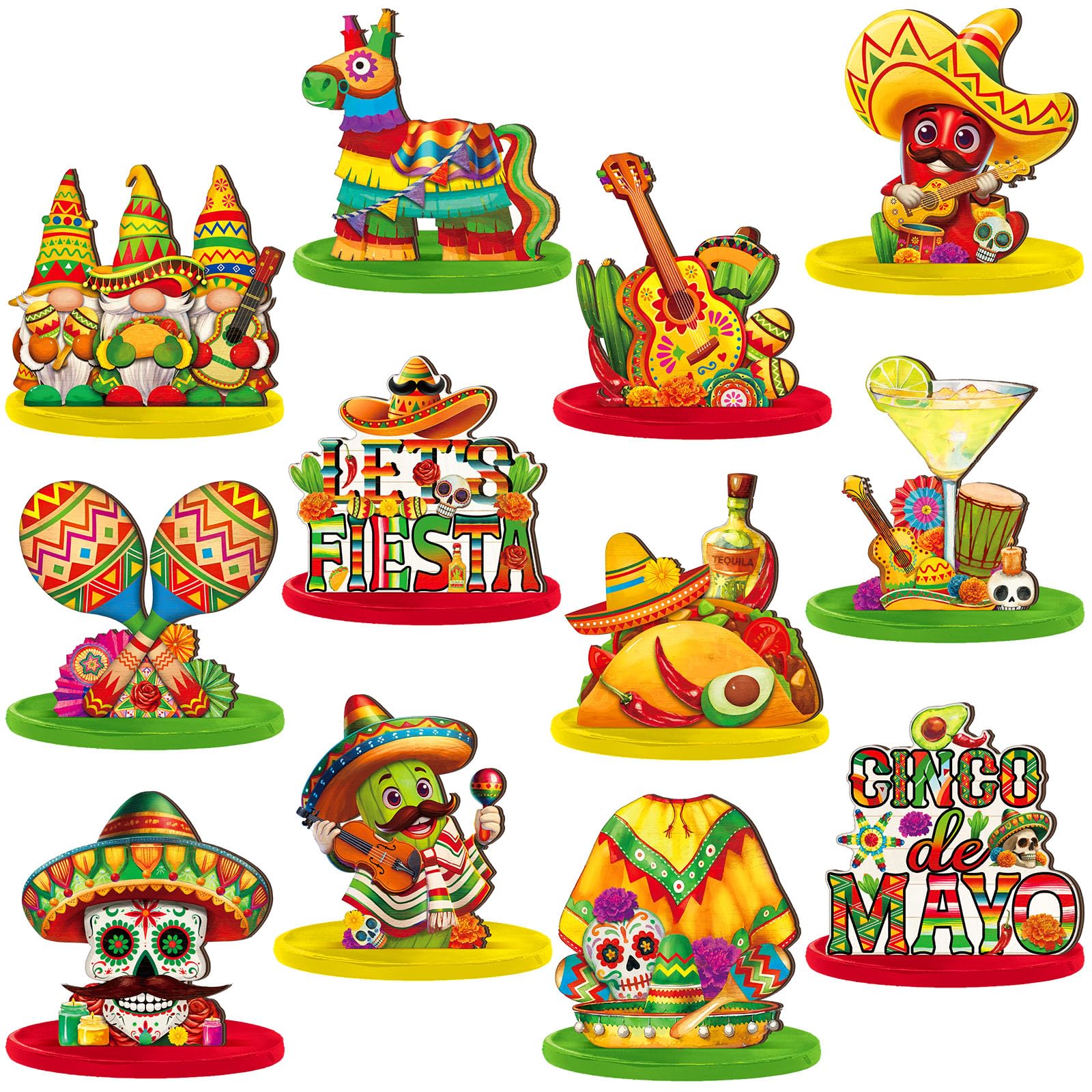 Wesiti 12 Pcs Cinco De Mayo Table Decorations Mexican Fiesta Party Decorations Wooden Cinco De Mayo Centerpiece Signs Taco Maracas Guitar Sombreros Table Topper Tiered Tray Decor for Home Office