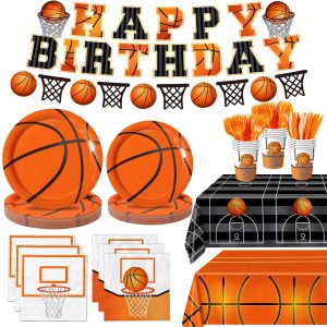 QIYANPAX 147 PCS Basketball Party Decorations - Basketball Party Supplies - Plates, Napkins, Cups, Cutlery, Banner, Tablecloths for Birthday Party Decorations, Serves 24