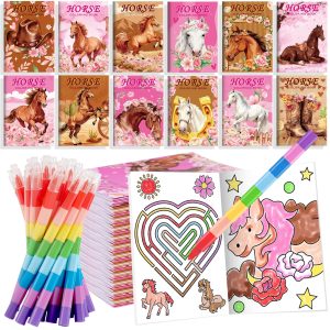 BenLouis 12 Floral Horse Coloring Books with 12 Stacking Crayons for Kids