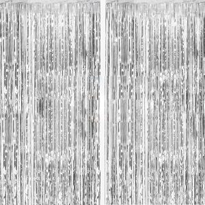 2 Pack Silver Foil Curtain Party Streamers Metallic Tinsel Foil Fringe Photo Booth Backdrop for Birthday Wedding Engagement Baby Shower Bachelorette Christmas Holiday Celebration Party Decorations