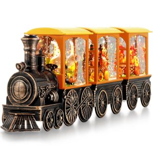 Gorrzai Fall Snow Globe Lantern Fall Decorations for Home, Lighted Fall Decor with Pumpkin Turkey Gnome Train, 6H Timer Thanksgiving Swirling Glitter Snow Globe for Harvest Day, Battery Operated