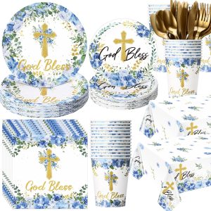 Yungyan 194 Pcs Baptism Plates and Napkins Tablecloth Cups serves 24 Blue Baptism Decorations Cross Disposable Holy Communion Set for Wedding Newborn Religious First Holy Communion Party Supplies