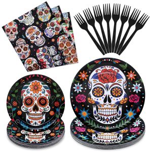 96 Pieces Day of the Dead Tableware Set - Mexican Sugar Skull Pattern Disposable Plates, Napkins, and Forks for Dia de los Muertos, Halloween, Fiesta, and Cultural Celebrations – Serves 24
