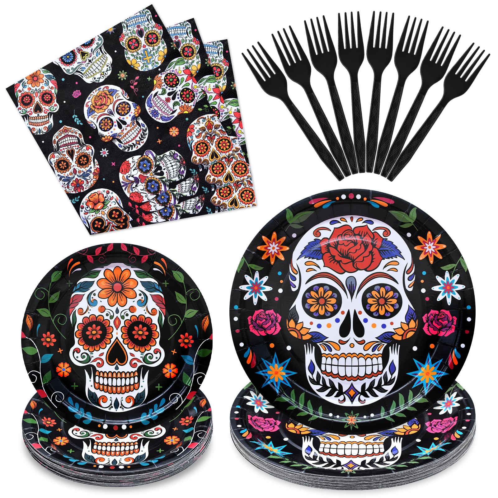 96 Pieces Day of the Dead Tableware Set - Mexican Sugar Skull Pattern Disposable Plates, Napkins, and Forks for Dia de los Muertos, Halloween, Fiesta, and Cultural Celebrations – Serves 24