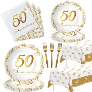 APOWBLS 50th Anniversary Decorations And Supplies Tableware Gold, Serves 24