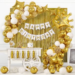 RUBFAC Gold Birthday Party Decorations Set - Gold Banner, Background, Confetti, Balloons, Tri-color Tassel Garland for Boys, Girls, Men, Women's Birthday