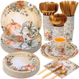350pcs Thanksgiving Fall Dinnerware Paper Plate Napkins, Pumpkin Floral