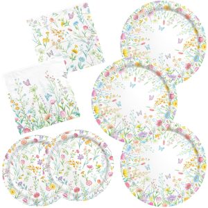 Gatherfun Wildflower Party Decorations Set for 16 - Flower Birthday Decorations with Dinner & Dessert Plates and Napkins for Wildflower Baby Shower Decorations