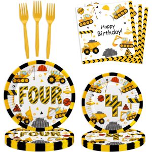 Letromp 80 Pcs Construction 4th Birthday Decorations Construction Four Years Old Disposable Paper Dinner Plates Napkins Forks Dinnerware for Dump Truck Theme Fouth Bday Party Supplies Decorations