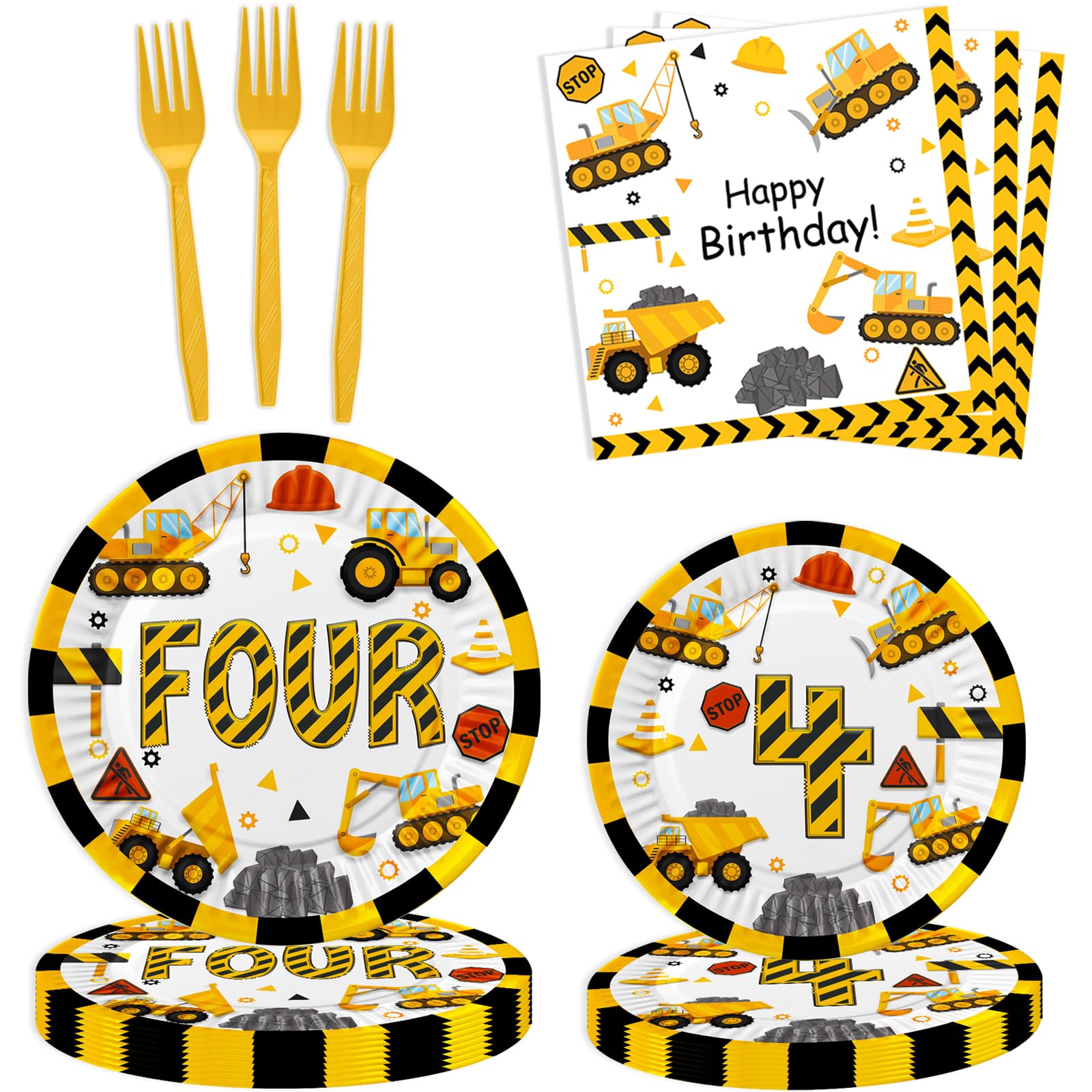 Letromp 80 Pcs Construction 4th Birthday Decorations Construction Four Years Old Disposable Paper Dinner Plates Napkins Forks Dinnerware for Dump Truck Theme Fouth Bday Party Supplies Decorations