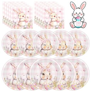 150 Pcs Easter Paper Plates and Napkins Sets Party Supplies - Disposable Cute Pink Plaid Easter Bunny Eggs Dinner Plate Napkin Paper Tableware for Spring Easter Table Decorations Party Supply,Serve 50
