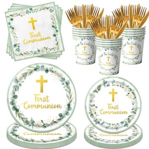 First Communion Decorations, First Communion Plates and Napkins Green Primera Comunion Decoracion First Communion Party Supplies for First Holy Communion Baptism Party Decorations Serves 25