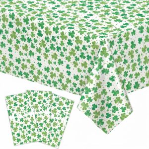 BokingOne 3 PCS St. Patrick’s Day Tablecloth, Disposable Plastic Table Cover Rectangle 54 x 108 Inch - Green Shamrock Golden Lucky Star Design for Irish Party, St. Paddy’s Day Celebrations.