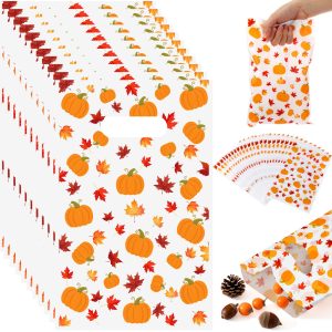 Supervitae 100 Pcs Fall Pumpkin Goodie Bags Bulk, Autumn Plastic Gift Bags