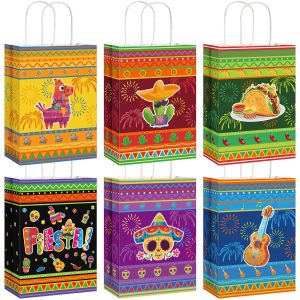 Pajean 18 Packs Fiesta Party Favor Bags with Handles, Mexican Paper Bags