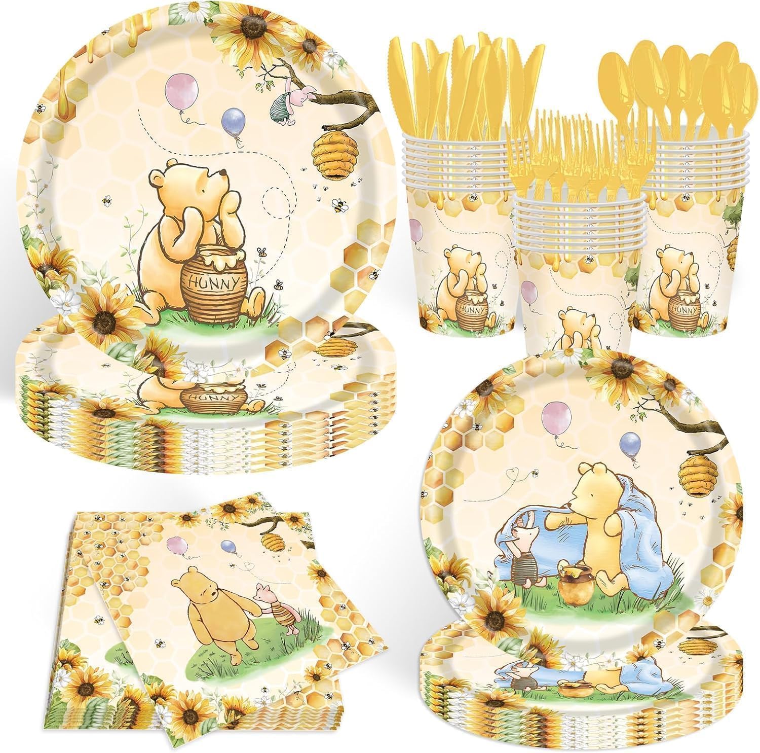 WISSLERMER 140pcs Classic Bear Baby Shower Decorations Baby Shower Party Tableware with Plates, Napkin, Forks, Cups for Birthday Party Supplies Set Serves 20 Guests (Yellow)