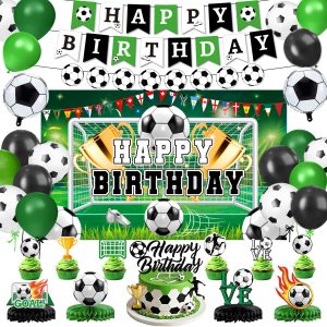 Soccer Birthday Party Decorations Includes Banner, Backdrop, Foil & Latex Balloons, Cake & Cupcake Toppers, Honeycomb Centerpieces for Soccer Themed Party Decorations
