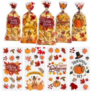 QOIUSO 50PCS Thanksgiving Treat Bags with 60 Twist Ties – Fall Cellophane Gift Bags for Cookies, Candy, Snacks, and Party Favors – Pumpkin, Turkey & Maple Leaf Thanksgiving Goodie Bags for Kids