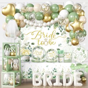 Cocomigo Sage Green Bridal Shower Decorations, All-in-1 Party Set Serves 25