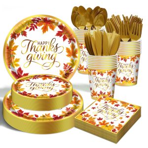 Thanksgiving Fall Party Supplies - 175 PCS Thanksgiving Paper Plates and Napkins Sets Fall Pumpkins Disposable Dinnerware Set for Autumn Harvest Party Supplies Decorations, Serve 25 Guests