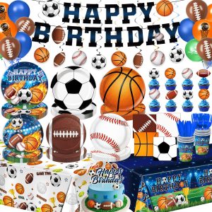 191 PCS Sports Birthday Party Decorations Includes Plates, Napkins, Cups, Knives, Forks, Banner, Cake & Cupcake Toppers, Tablecloth for Sports Themed Party Decorations, Serves 24