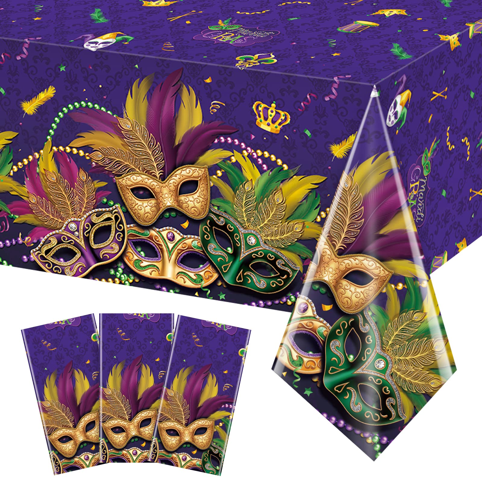 3 Pack Mardi Gras Tablecloths, Masquerade Dancing Table Decorations, Plastic Purple Table Cover Backdrop for Mardi Gras Carnival Party Supplies and Decors, 54 x 108 Inch