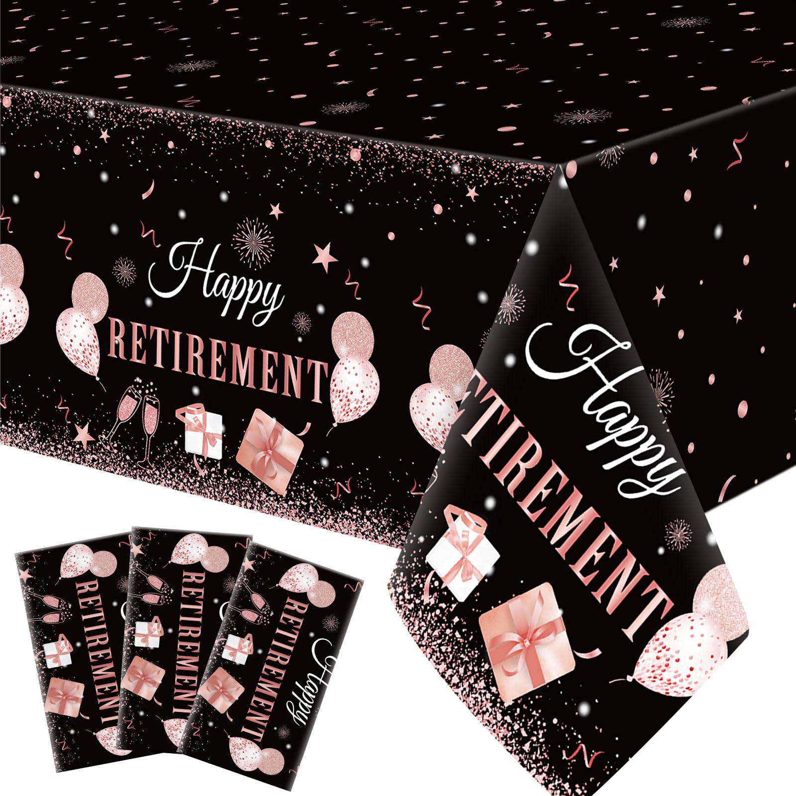 Ganeen 3 Pcs Retirement Party Decorations Happy Retirement Tablecloths Rose Gold Disposable Plastic Table Cover Waterproof Table Cloth for Men Women Coworker Say Goodbye Party Supplies, 54 x 108 Inch