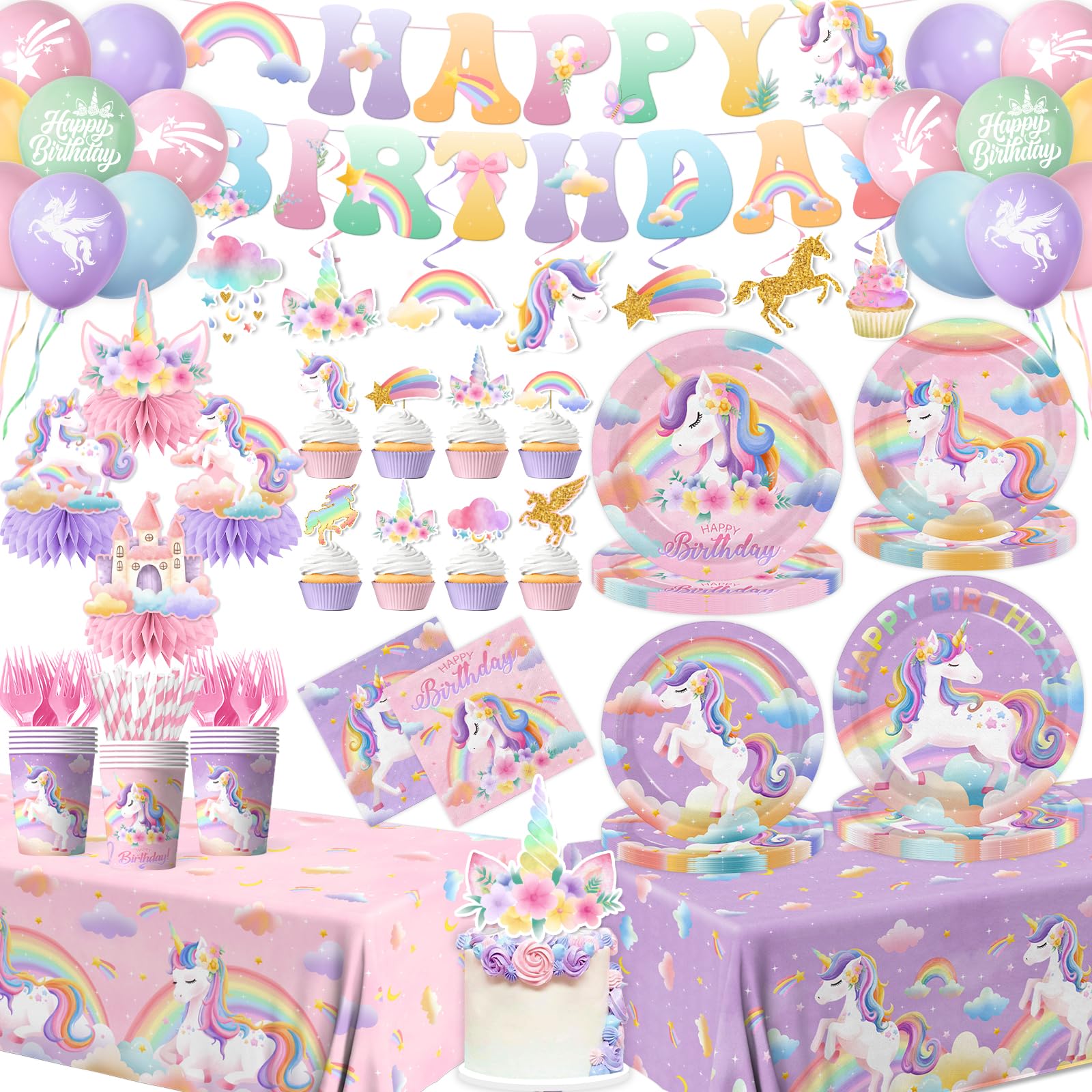 Unicorn Birthday Decorations,189pcs Unicorn Party Decorations Tableware Unicorns Plates and Napkins Cups Tablecloth Banner Hanging Swirls Cake Topper for Rainbow Girls Birthday Party Supplies,Serve 24