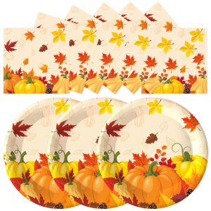 50PCS Fall Paper Plates and Napkins, 7inch Thanksgiving Party Decorations