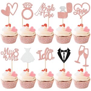 30 PCS Bride to Be Cupcake Toppers Glitter Miss to Mrs I Do Love Heart Ring Cupcake Picks Wedding Bridal Shower Cake Decorations for Wedding Engagement Bachelorette Party Supplies Rose Gold