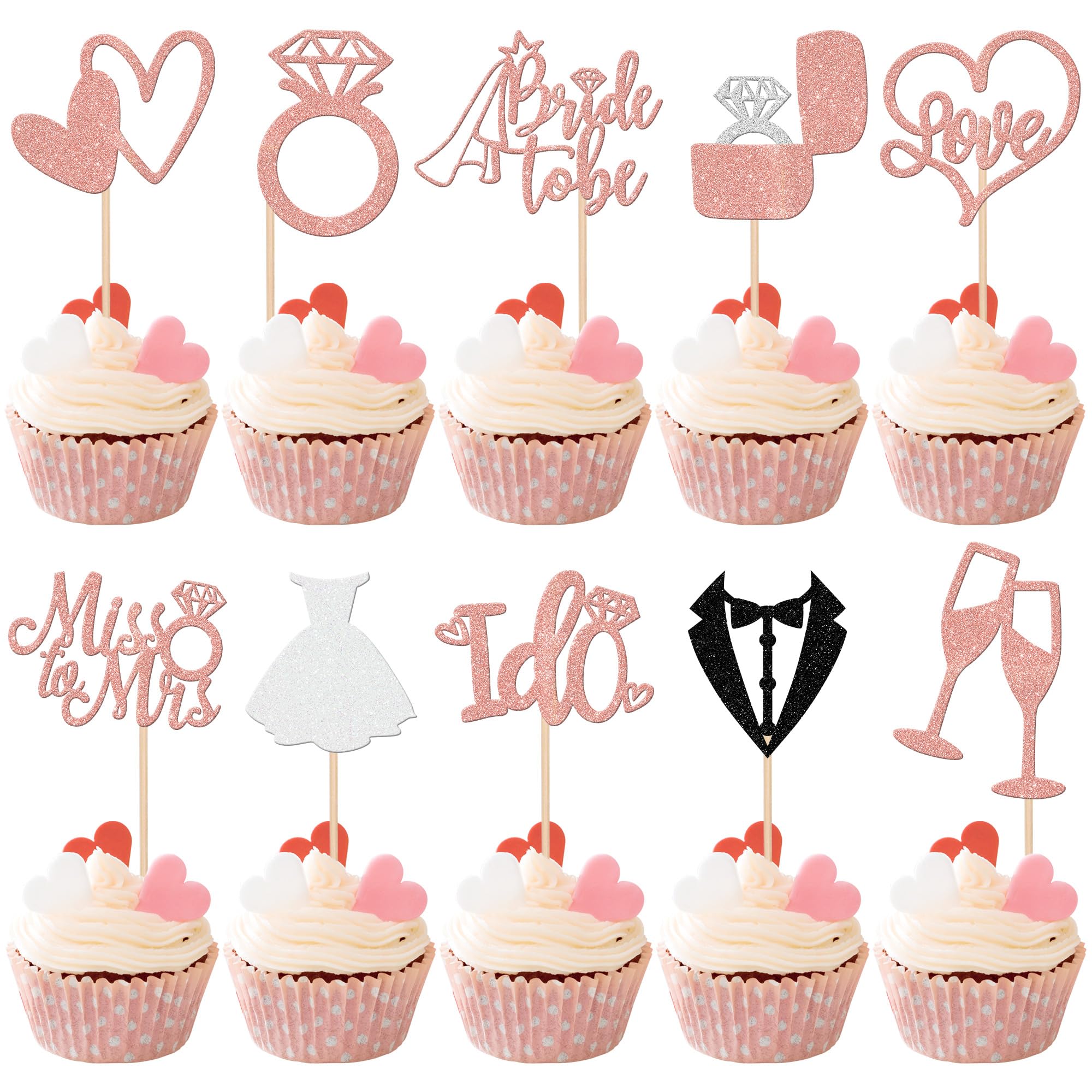 30 PCS Bride to Be Cupcake Toppers Glitter Miss to Mrs I Do Love Heart Ring Cupcake Picks Wedding Bridal Shower Cake Decorations for Wedding Engagement Bachelorette Party Supplies Rose Gold