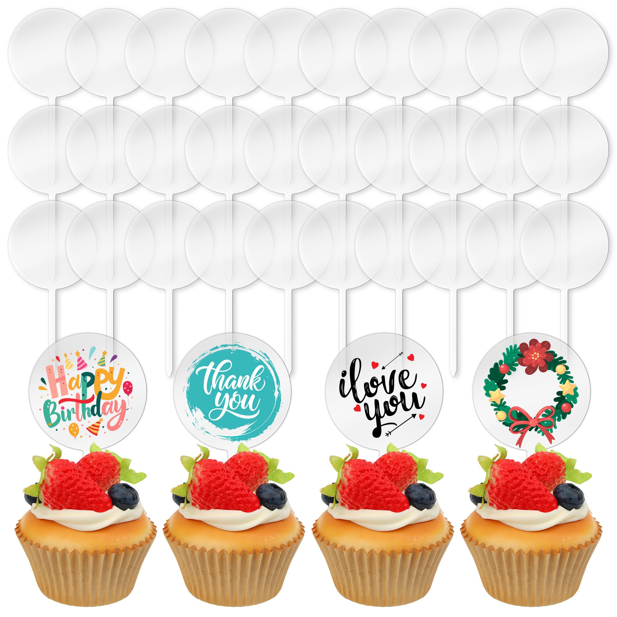 Blank Acrylic Cupcake Toppers, 30 Packs Round Cupcake Topper with Sticks, DIY Dessert Table Cupcake Signs, Suitable for Birthdays, Weddings, Christmas, Baby Showers Cake Decoration