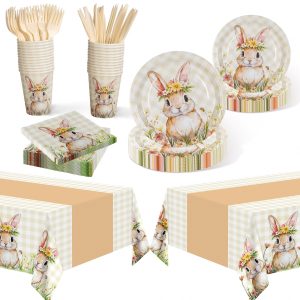 Childom Spring Party Decorations,147 Pcs Disposable Plates and Napkins Party Supplies,Bunny Dinnerware Sets with Plastic Tablecloth Knives Fork,Paper Plates Napkin Cups for Birthday Easter Decorations