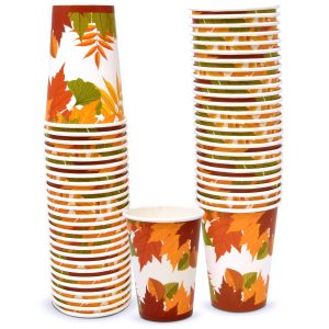 50 Fall Leaves Disposable Cups 9 oz, Thanksgiving Autumn Maple Leaf Paper