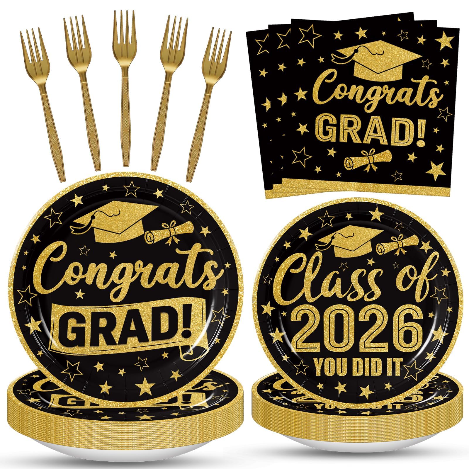 Merriva 100 Pcs Graduation Party Supplies Set, Serves 25 – Disposable Black and Gold Graduation Paper Plates, Napkins, and Forks, Congrats Grad Dinnerware for Class of 2026, Prom Party Decorations