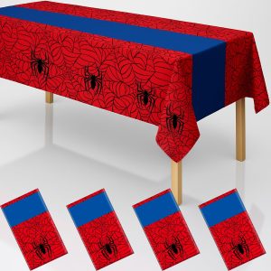 byojia 4Pcs 2in1 Spider Birthday Party Decorations Tablecloth, 54" x 108" Super Hero Table Cloth Disposable Rectangle Plastic Table Cover for Kids Baby Shower Wedding Party Supplies Halloween